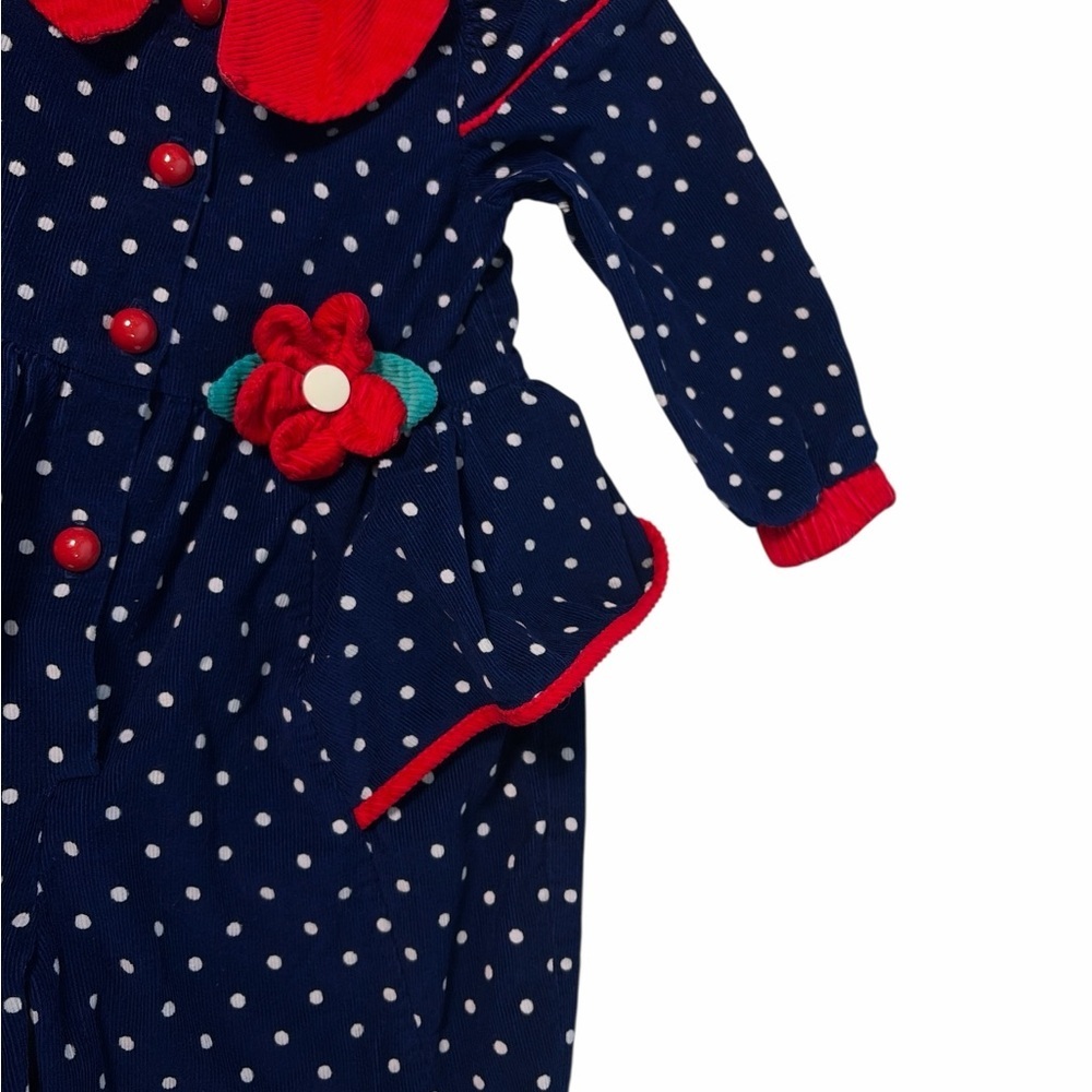 vintage girl's navy blue romper polka dots red collar Sz4 100% Cotton - Picture 4 of 9